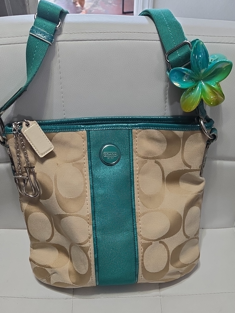 Coach Khaki Signature Crossbody with Teal Accents